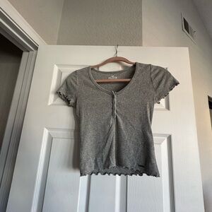Hollister Gray Button-Up Ruffle Tee